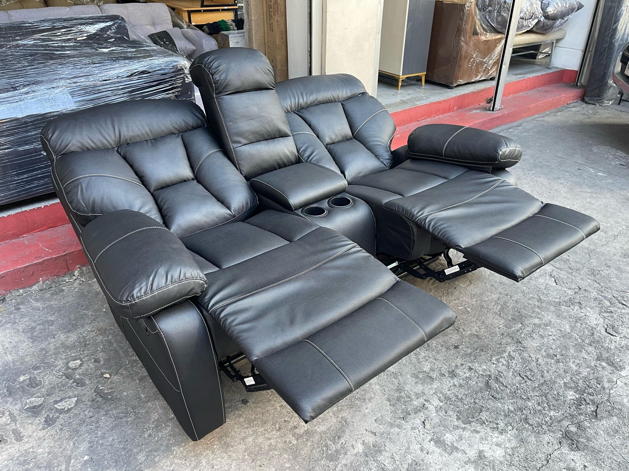 Leather Reclining Loveseat Sofa Set With Recliner And Cup Holder