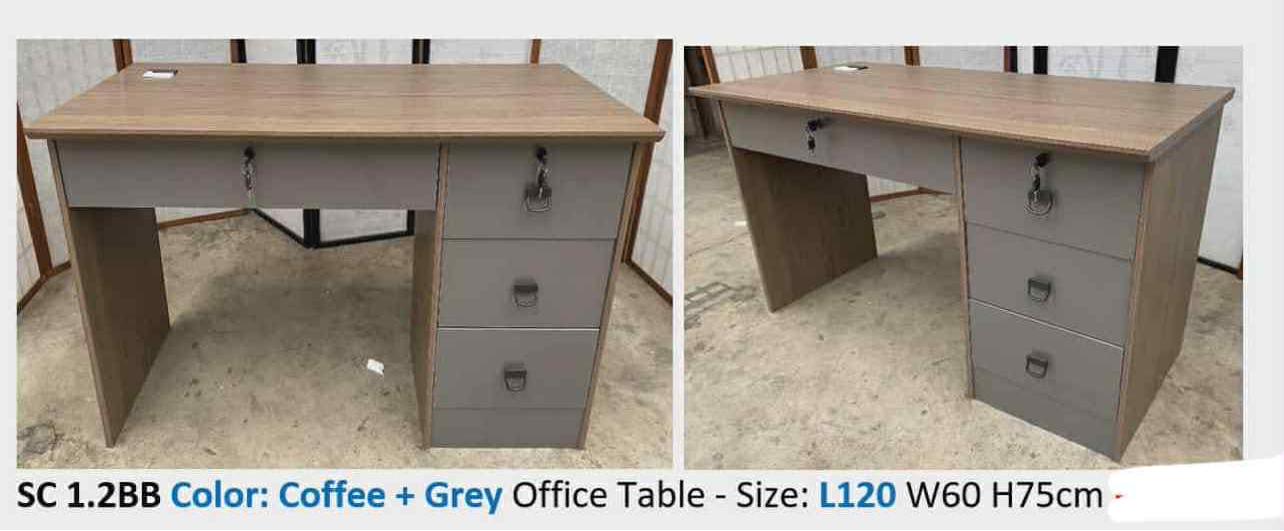 Collage of a coffee and cream office desk with dimensions displayed.